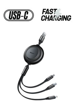 Baseus Multi Charging Cable 3.5A (1.1m) 3 in 1 Retractable Multi USB Cable Fast Charger Cord Adapter with IP/Type C/Micro USB Port for Cell Phones/IP/Samsung Galaxy/Ps/Tablets and More Black  - Image 1
