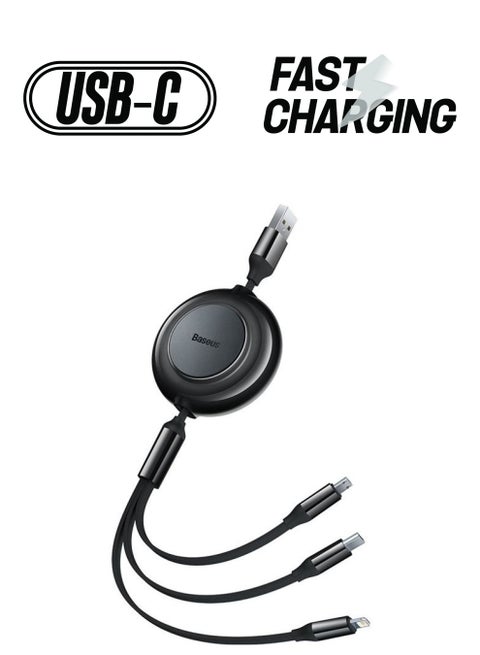 كابل شحن متعدد 3.5 أمبير (1.1 متر) 3 في 1 كابل USB متعدد قابل للسحب محول سلك شاحن سريع مع منفذ IP/Type C/Micro USB للهواتف المحمولة/IP/Samsung Galaxy/Ps/الأجهزة اللوحية والمزيد