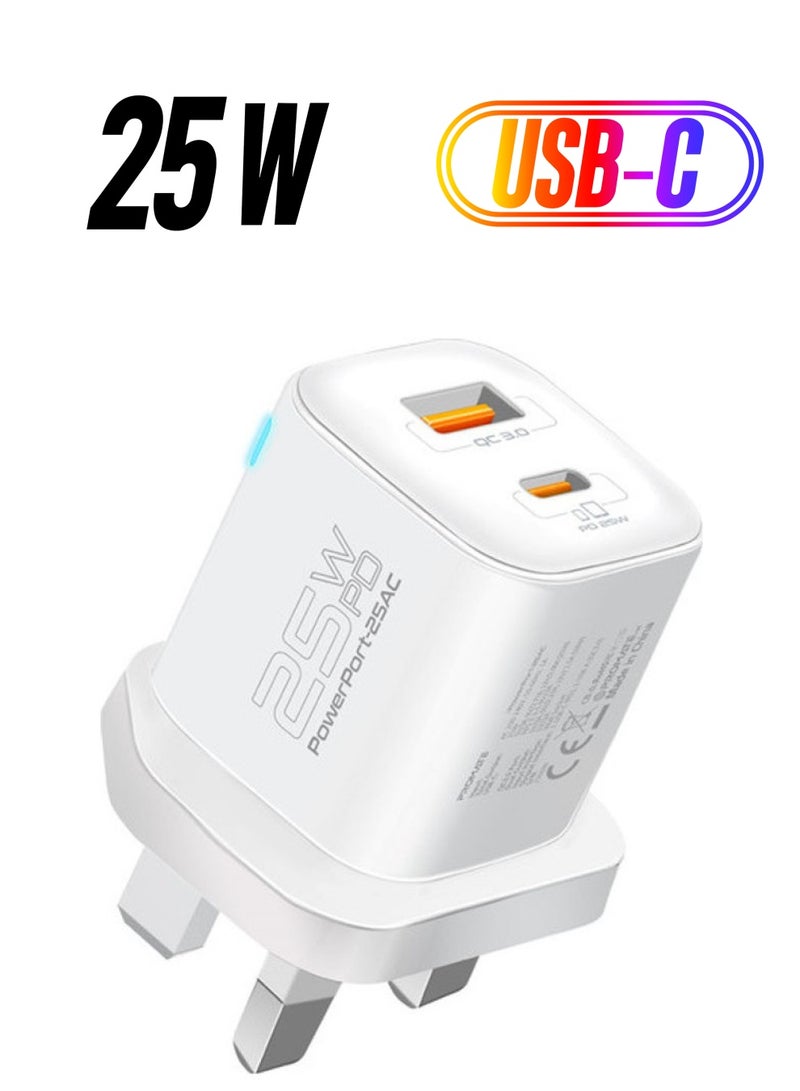 بروميت - شاحن تيار متردد، شاحن جداري مزدوج المنفذ بقدرة 25 وات من النوع C مع منفذ USB كوالكوم QC 3.0 بقدرة 18 وات، وشحن سريع متكيف وحماية من زيادة التيار - Image 1