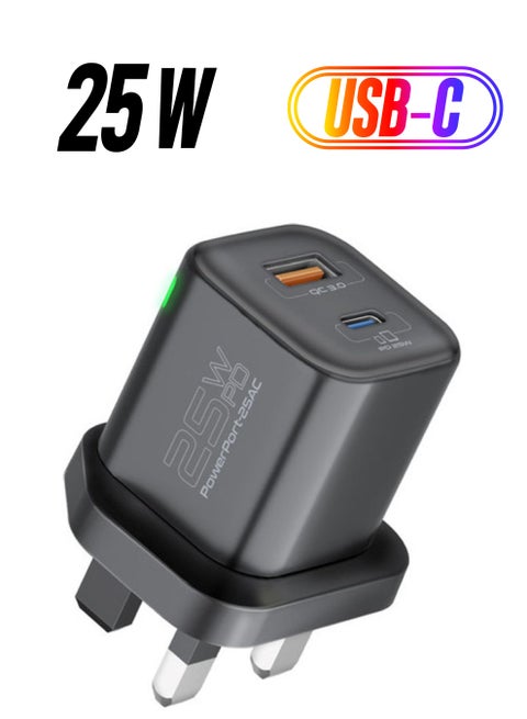 AC Charger, Premium 25W Type-C Power Delivery Dual Port Wall Charger With 18W Qualcomm QC 3.0 USB Port, Adaptive Fast Charging And Surge Protection Black