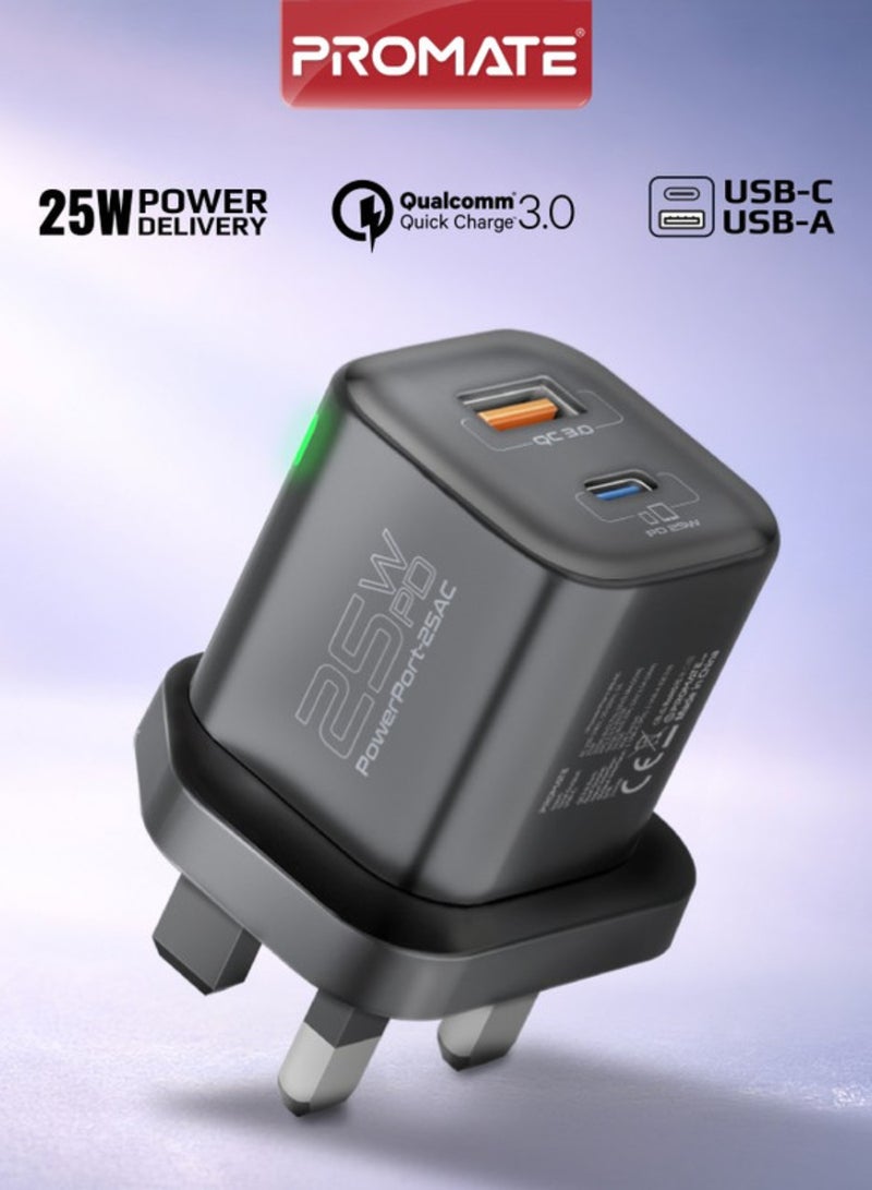 بروميت شاحن تيار متردد، شاحن جداري مزدوج المنفذ بقدرة 25 وات من النوع C مع منفذ USB كوالكوم QC 3.0 بقدرة 18 وات، وشحن سريع متكيف وحماية من زيادة التيار - Image 1