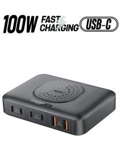 محطة شحن، شاحن كمبيوتر محمول GaNFast 100 واط 7 في 1 مع 4 منافذ USB-C لتوصيل الطاقة، ومنافذ QC 3.0 مزدوجة بقدرة 30 واط، وشاحن لاسلكي بقدرة 15 واط وشحن متكيف