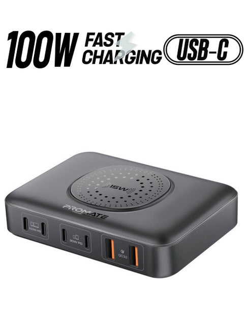 محطة شحن، شاحن كمبيوتر محمول GaNFast 100 واط 7 في 1 مع 4 منافذ USB-C لتوصيل الطاقة، ومنافذ QC 3.0 مزدوجة بقدرة 30 واط، وشاحن لاسلكي بقدرة 15 واط وشحن متكيف