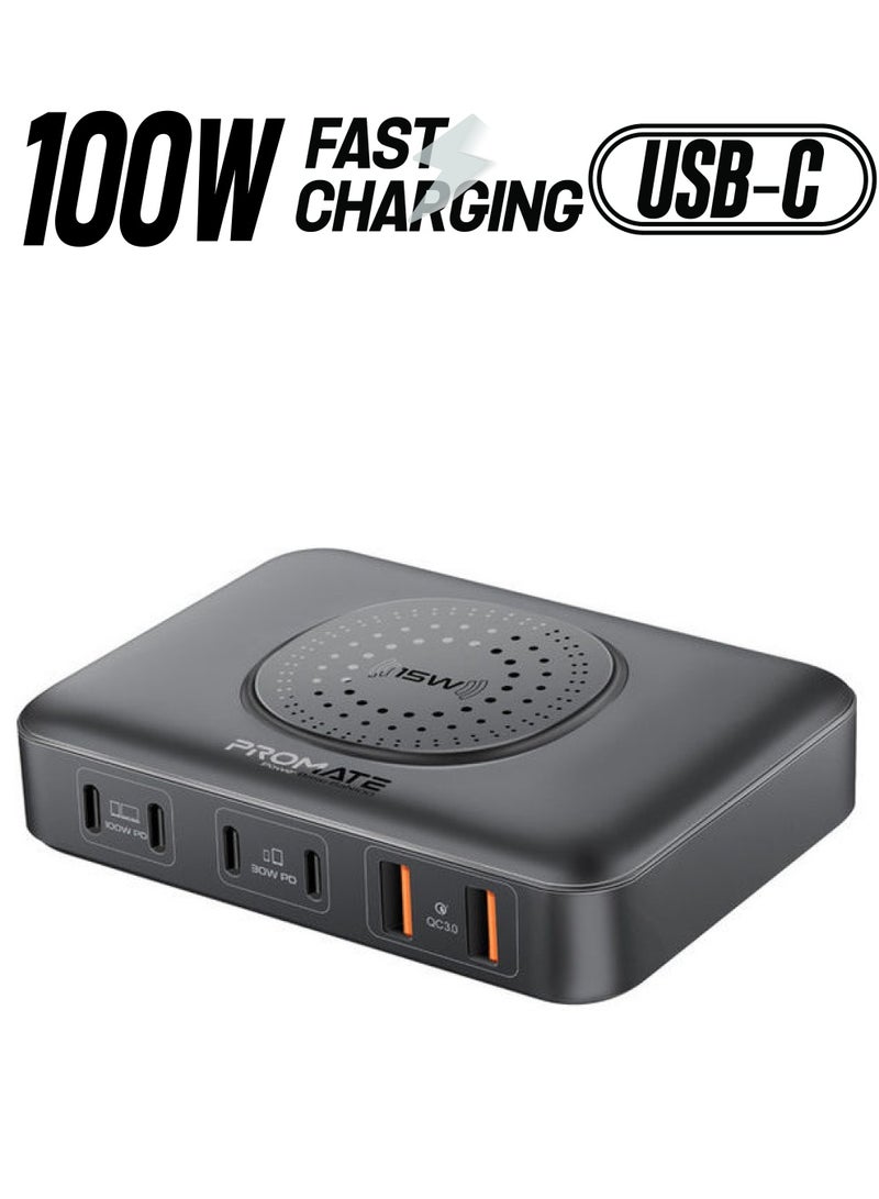 بروميت - محطة شحن، شاحن كمبيوتر محمول GaNFast 100 واط 7 في 1 مع 4 منافذ USB-C لتوصيل الطاقة، ومنافذ QC 3.0 مزدوجة بقدرة 30 واط، وشاحن لاسلكي بقدرة 15 واط وشحن متكيف - Image 1