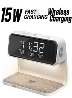 Wireless Charging Alarm Clock With Ultra-Fast 15W Qi Wireless Charger And 3-Level LED Light White