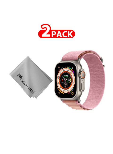 2 Packs Of Apple Watch Band And Microfiber Cloth Alpine Loop Band 49Mm 45Mm 44Mm 42Mm Women Men Adjustable With Metal G-Hook Strap For iWatch Ultra Series SE 8/7/6/5/4/3/2/1 Pink/White