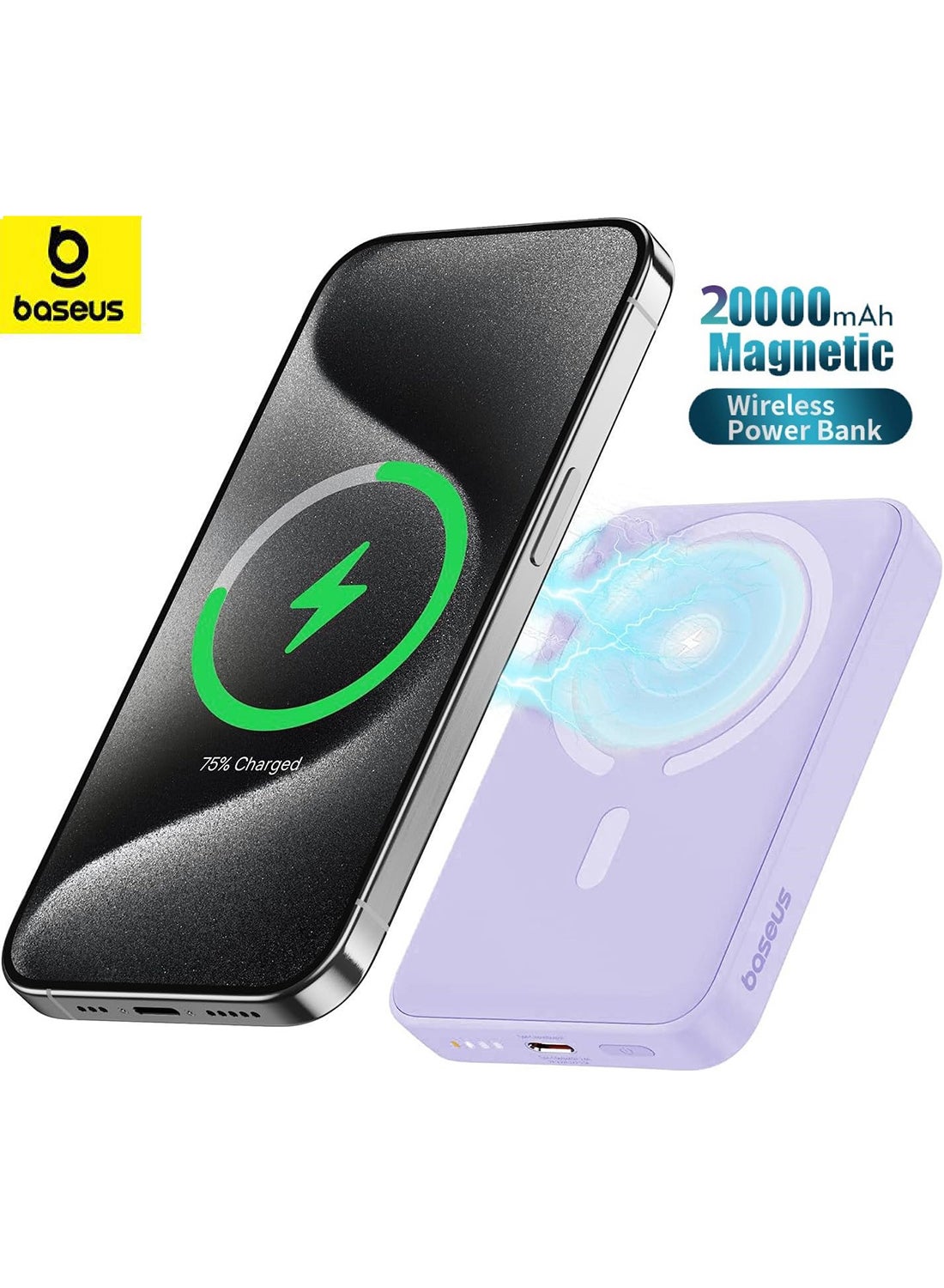 20000 mAh Magnetic Power Bank, PD 20W Portable Charger, Wireless Power Bank, Fast Charging with USB-C Cable, Magsafe Portable Charger, Fast Wireless Battery Pack with 20W USB-C for Apple iPhone 16 Pro/Max/Plus, 15/14/13/12 Series, Samsung Galaxy S24/S23/S22, AirPods, and More Purple