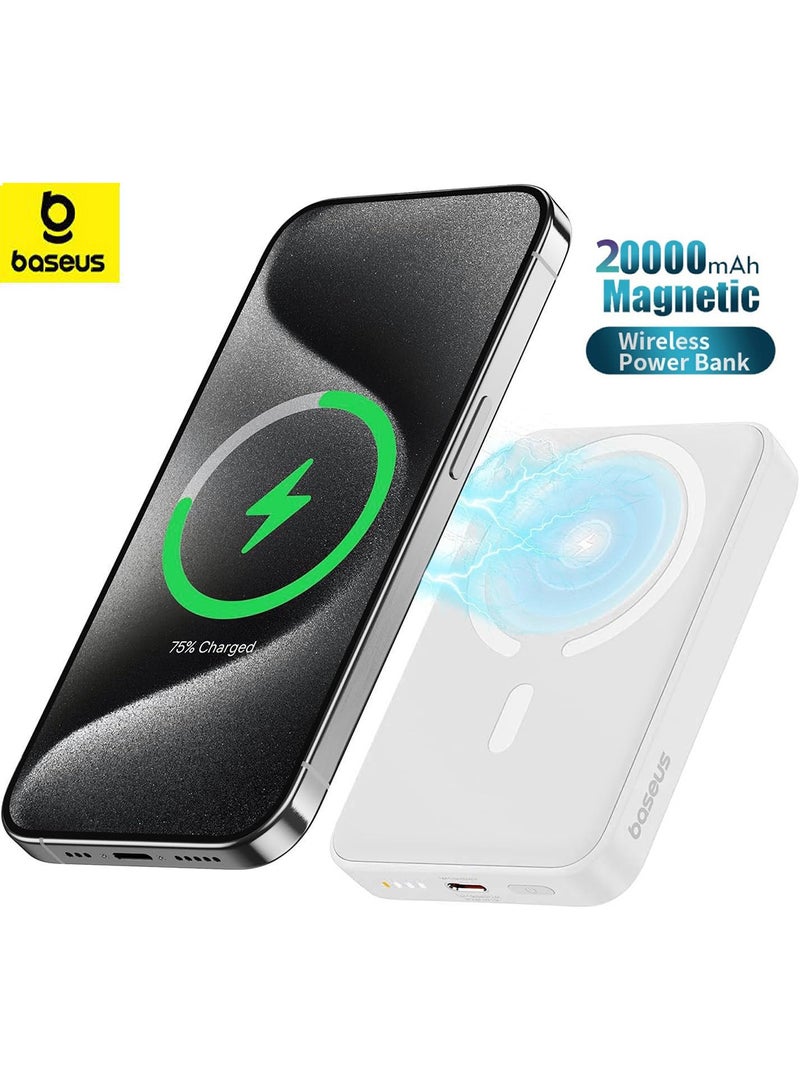 Baseus 20000 mAh Magnetic Power Bank, PD 20W Portable Charger, Wireless Power Bank, Fast Charging with USB-C Cable, Magsafe Portable Charger, Fast Wireless Battery Pack with 20W USB-C for Apple iPhone 16 Pro/Max/Plus, 15/14/13/12 Series, Samsung Galaxy S24/S23/S22, AirPods, and More White  - Image 1