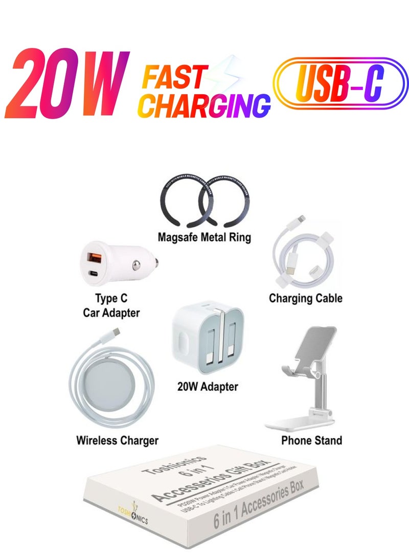 Toshionics 6 In 1 Multi Use Mobile Phone Accessory Kit 20W Fast Travel Adapter Car Charger Wireless Charging Pad For IPhone Air pods And Other Smartphones Adjustable Phone Stand Mag Safe Metal Ring Set Multicolour  - Image 1