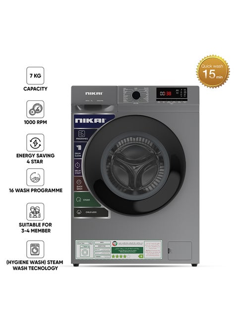 7KG 16 Programs Front Load Washer, Steam Wash, 1000 RPM, 4 Star Energy Saving, Fully Automatic Washing Machine, Digital LCD Display, Child Lock, Best For Home And Small Family 7 kg 137 kW NWM701FN9S Silver