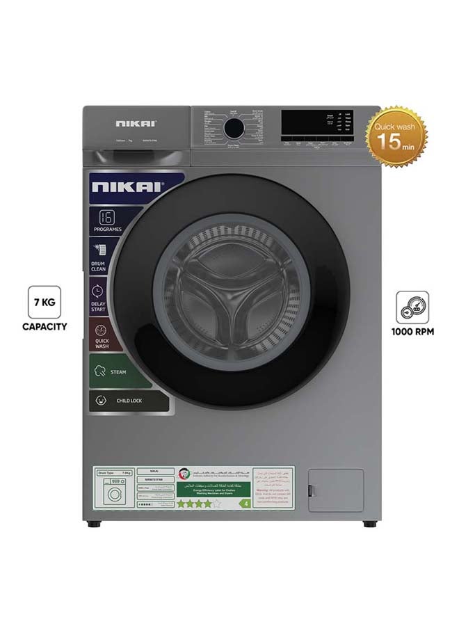 Nikai 7KG 16 Programs Front Load Washer, Steam Wash, 4 Star Energy Saving, Fully Automatic Washing Machine, Digital LCD Display, Child Lock, Automatic Balancing for Stable & Noise-Free Performance – 7 kg 137 kW NWM701FN9S Silver