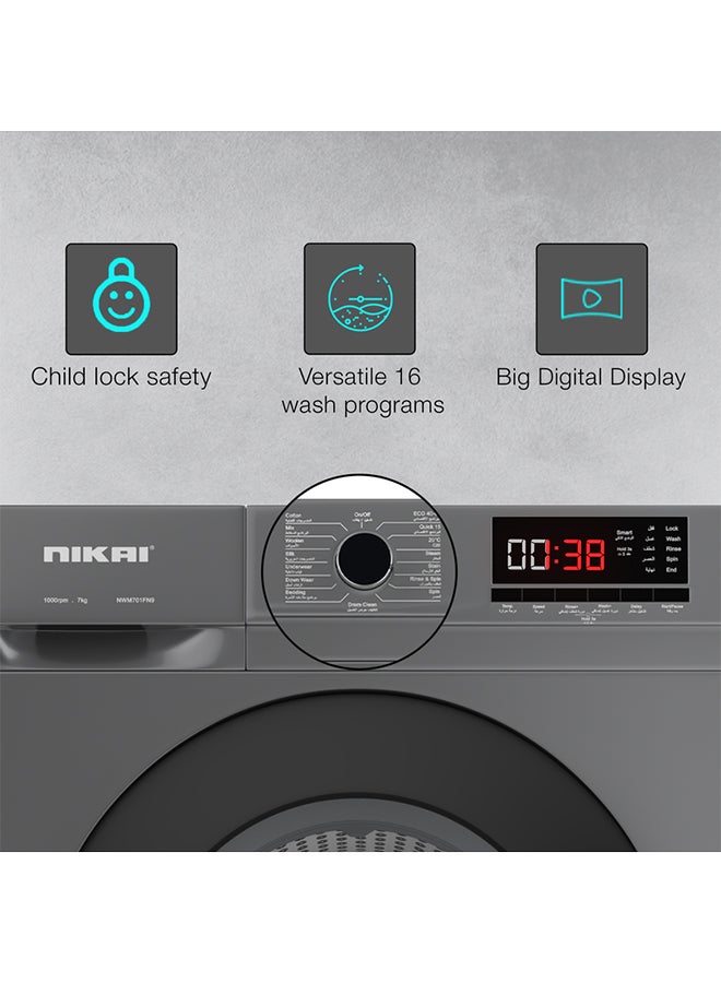 نيكاي غسالة تحميل أمامي سعة 7 كجم و16 برنامجًا، غسيل بالبخار، 1000 دورة في الدقيقة، توفير الطاقة 4 نجوم، غسالة أوتوماتيكية بالكامل، شاشة LCD رقمية، قفل للأطفال، الأفضل للمنزل والعائلة الصغيرة - Image 4