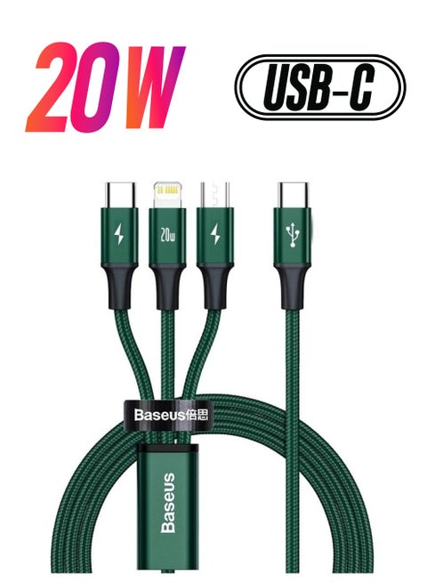 1.5M 3 In 1 Fast Charging Nylon Braided Cable 20W PD USB Type C To Lightning Micro Type C For iPhone 14 13 12 11 Xs Max iPad Samsung Xiaomi And More Green