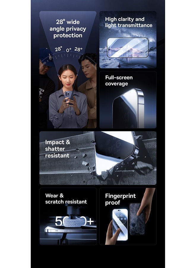Baseus iPhone 15 Pro 6.1 Inch 9H Diamond Series Full-Coverage Privacy Protection Tempered Glass Screen Protector With Cleaning Kit And EasyStick Installation Tool Black - Image 3