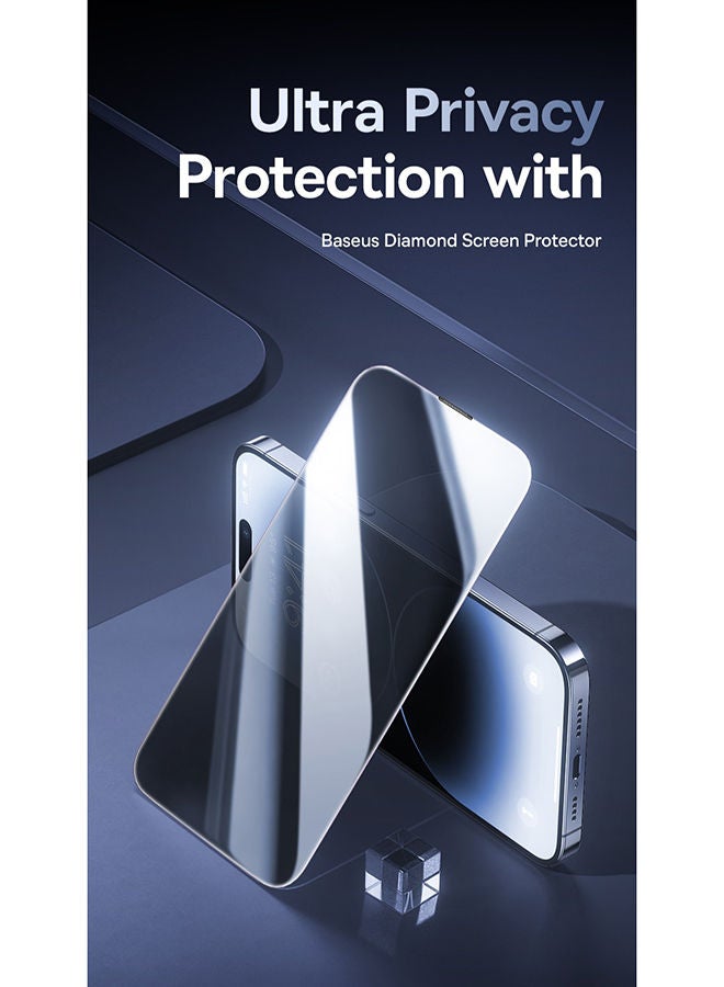 Baseus iPhone 15 Pro 6.1 Inch 9H Diamond Series Full-Coverage Privacy Protection Tempered Glass Screen Protector With Cleaning Kit And EasyStick Installation Tool Black - Image 2