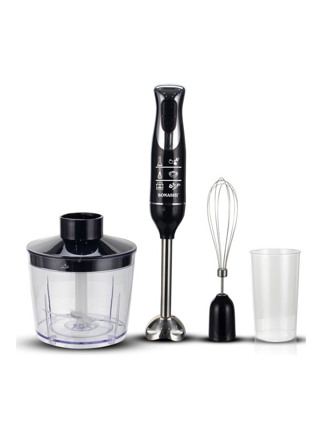 SONASHI - 4-in-1 Hand Blender Chopper Whisker Mixer | Durable Stainless Steel Blade & Removable Stick | Comes with 700ml Plastic Jar, 500ml Chopper and Blending Wand | Power Watt 600 SHB-187JCW Black - Image 1