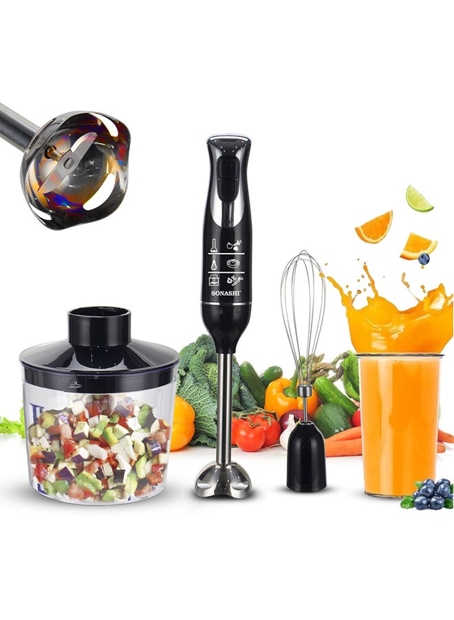 SONASHI - 4-in-1 Hand Blender Chopper Whisker Mixer | Durable Stainless Steel Blade & Removable Stick | Comes with 700ml Plastic Jar, 500ml Chopper and Blending Wand | Power Watt 600 SHB-187JCW Black - Image 1