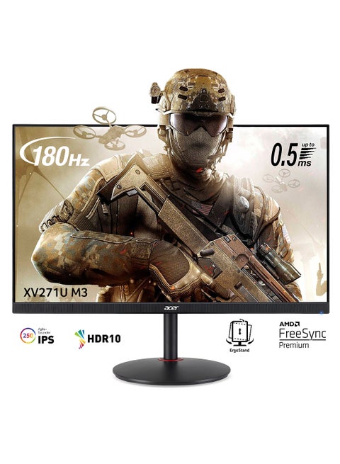 شاشة الألعاب Nitro XV271U M3 مقاس 27 بوصة بدقة 2K WQHD (2560x1440) شاشة HDR مع تقنية لوحة IPS 350، معدل التحديث 180 هرتز، وقت الاستجابة 0.5 مللي ثانية، AMD FreeSync Premium، دعم وحدة تحكم الألعاب، تعديل الارتفاع، ZeroFrame ومكبرات الصوت