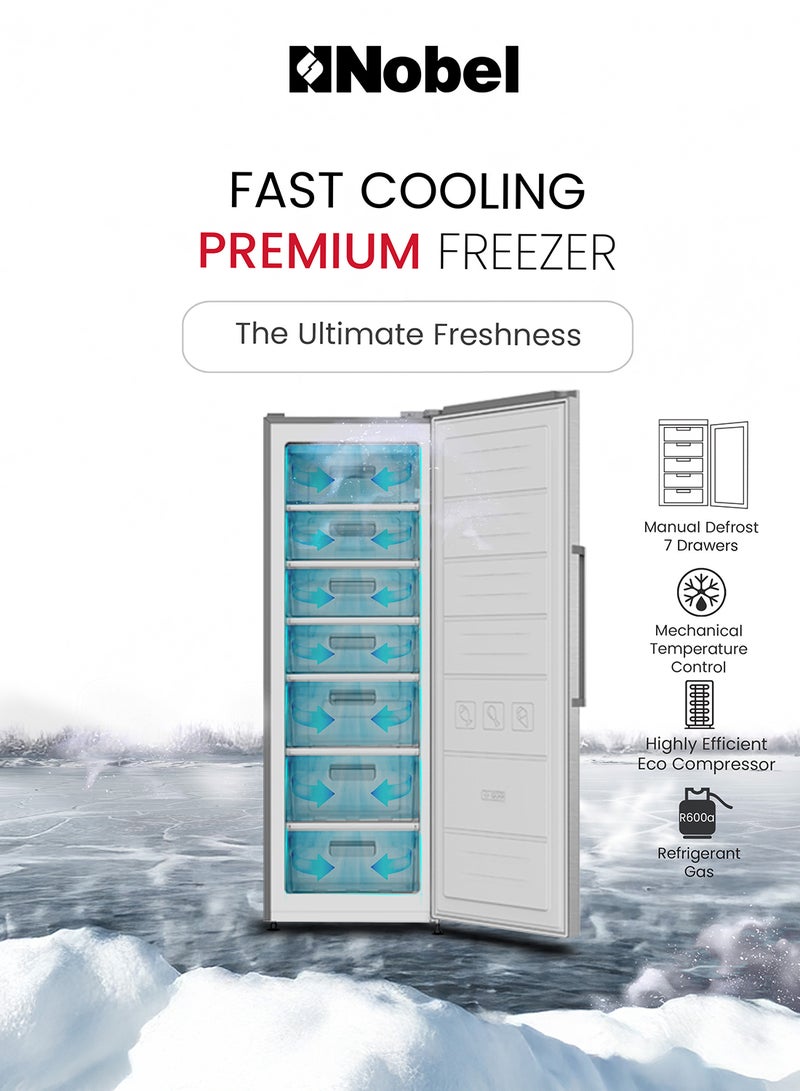 Nobel - 350L Gross / 235L Net Capacity Upright Freezer, 7 Drawers, Defrost System, Eco Compressor, Lock & Key, 12kg/24h Freezing Capacity, R600a Refrigerant, Durable Condenser 350 L 478.15 kW NUF350 Silver - Image 1