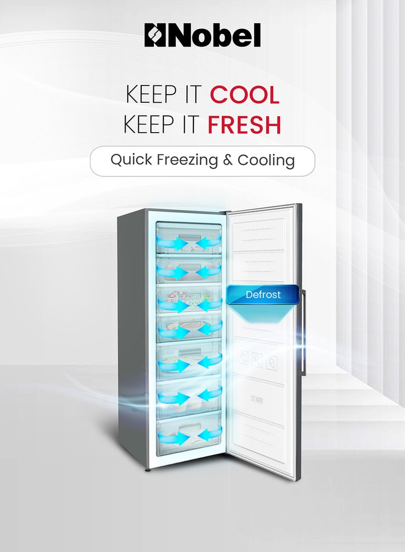 Nobel - 350L Gross / 235L Net Capacity Upright Freezer, 7 Drawers, Defrost System, Eco Compressor, Lock & Key, 12kg/24h Freezing Capacity, R600a Refrigerant, Durable Condenser 350 L 478.15 kW NUF350 Silver - Image 1
