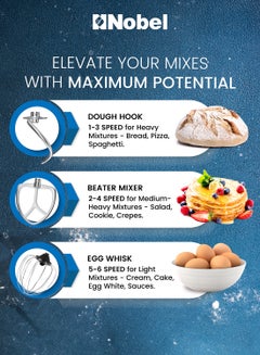 Nobel 3 in 1 Food Processor Multifunctional Stand Mixer with 7.0 L Stainless Steel Bowl & 1.5L Juicer Blender with 6 Speeds For A Variety Of Mixing Tasks 1500 W NBM100S Metallic Silver  - Image 3