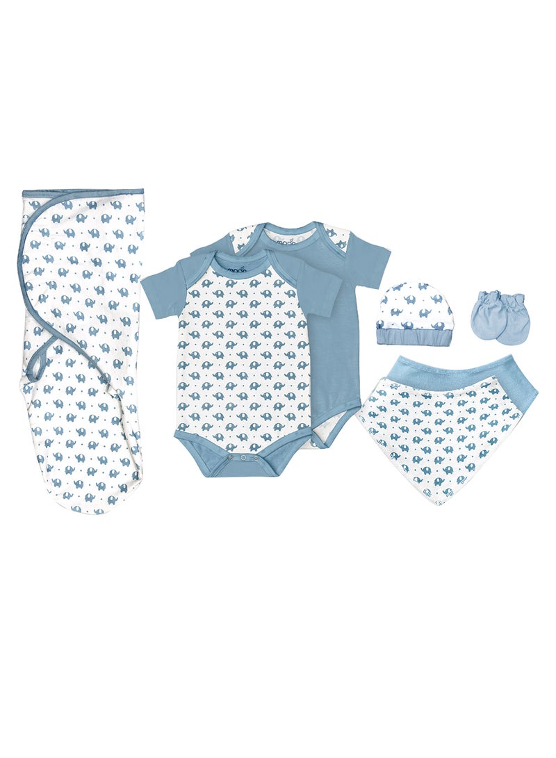 مون Organic Baby Gift Set Of 7 Rompers-Swaddle-Bibs-Hat-Mitten Set For 3-6 Months - Image 1