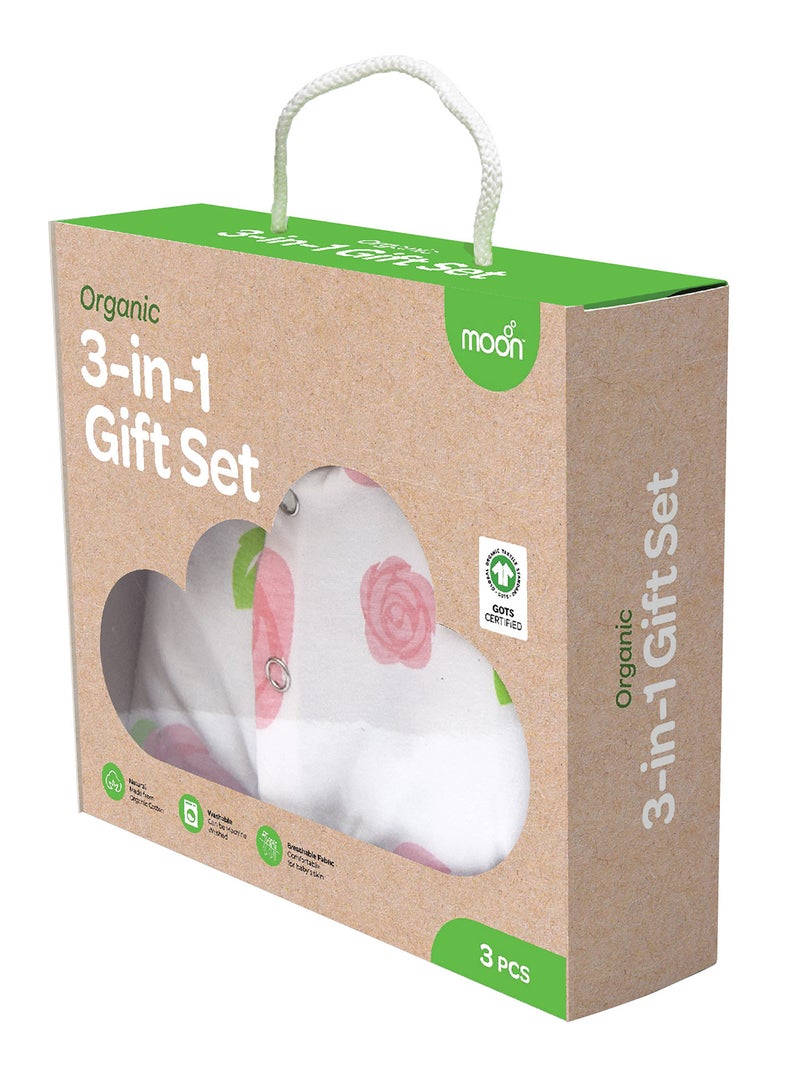 Moon Organic Baby 3 In 1 Gift Set Romper Body Suit Jogger For 0-3 Months - Rose Print  - Image 2