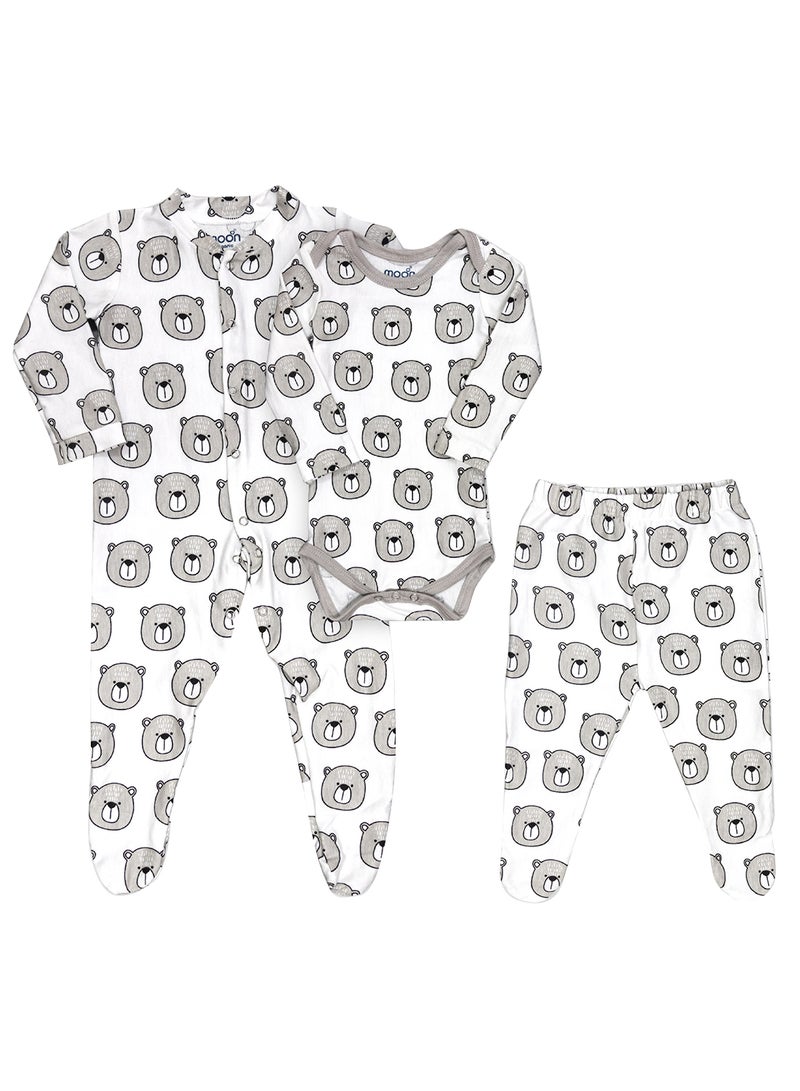 Moon Organic Baby 3 In 1 Gift Set Romper Body Suit Jogger For 0-3 Months - Bear Print  - Image 1