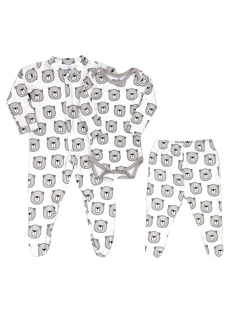 Moon Organic Baby 3 In 1 Gift Set Romper Body Suit Jogger For 0-3 Months - Bear Print  - Image 1