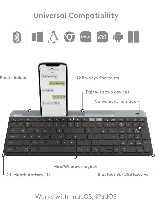 K580 Slim Multi Device Wireless Keyboard, For Chrome OS, 10 Meter Wireless Operation, Bluetooth / 2.4GHz USB Receiver, Easy Switch, 24 Month Battery, Arabic Layout, Black | 920-010073 black