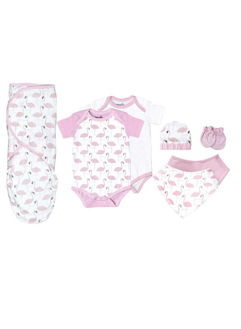 Moon Organic Baby Gift Set Of 7 Rompers-Swaddle-Bibs-Hat-Mitten Set For 3 - 6 Months - Image 1