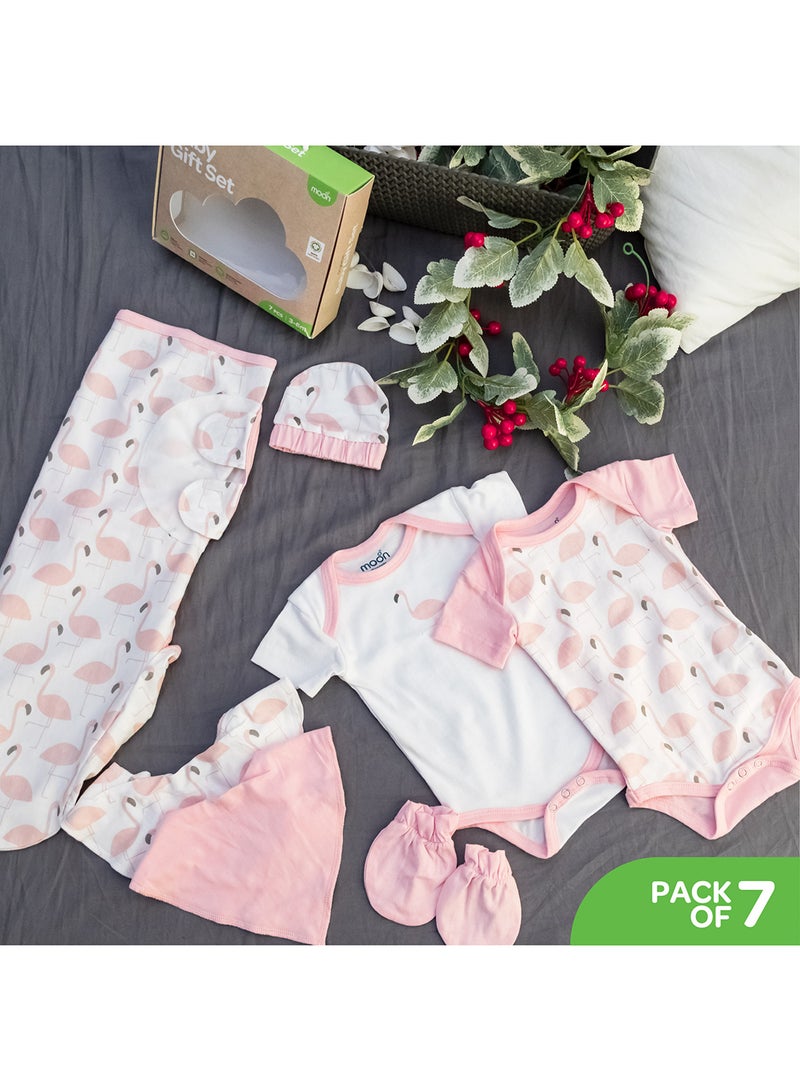 Moon Organic Baby Gift Set Of 7 Rompers-Swaddle-Bibs-Hat-Mitten Set For 3 - 6 Months - Image 5