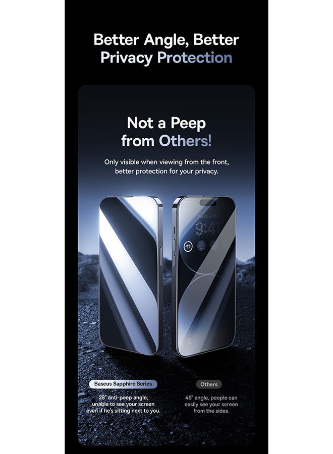 Baseus iPhone 15 Pro Max 6.7 Inch 9H Sapphire Series Full-Coverage Privacy Protection Tempered Glass Screen Protector Built-In Dust Filter With Cleaning Kit And Dust-Proof Installation Tool Black  - Image 4
