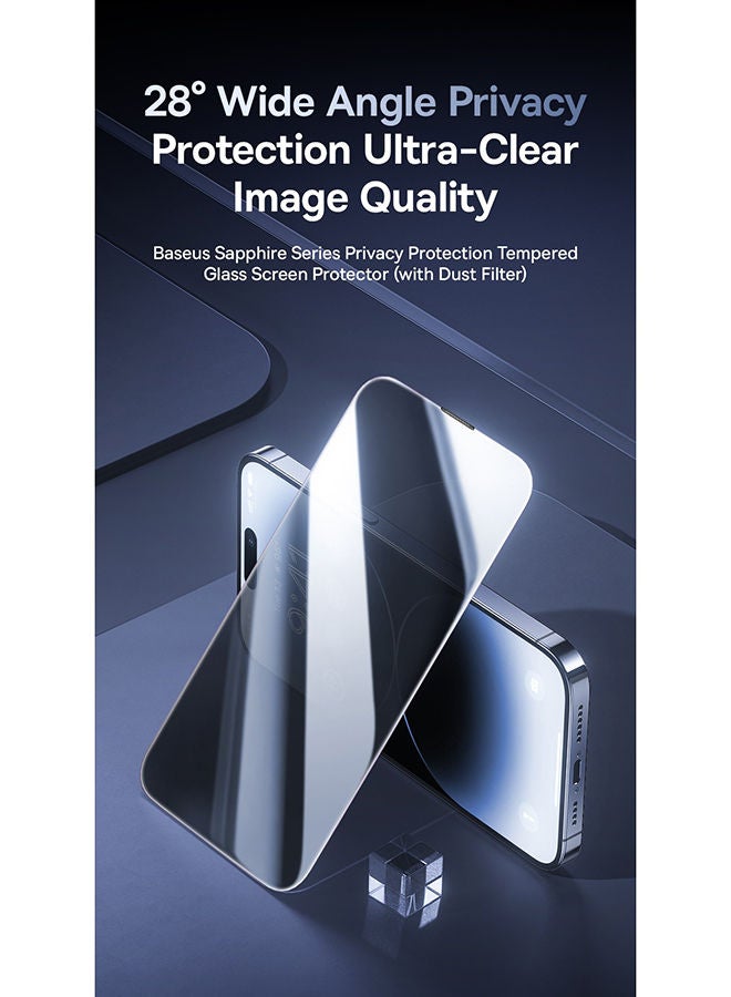 Baseus iPhone 15 Pro Max 6.7 Inch 9H Sapphire Series Full-Coverage Privacy Protection Tempered Glass Screen Protector Built-In Dust Filter With Cleaning Kit And Dust-Proof Installation Tool Black  - Image 2
