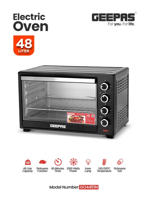 Electric Oven with Convection and Rotisserie Function/Perfect for Grilling, Toasting and Roasting/4 Knobs and Temperature 100-250-Degrees Celsius/60 Minute Timer with Bell, Stainless Steel Heating Elements, Tempered Glass Window 48 L 2000 W GO4451N Black