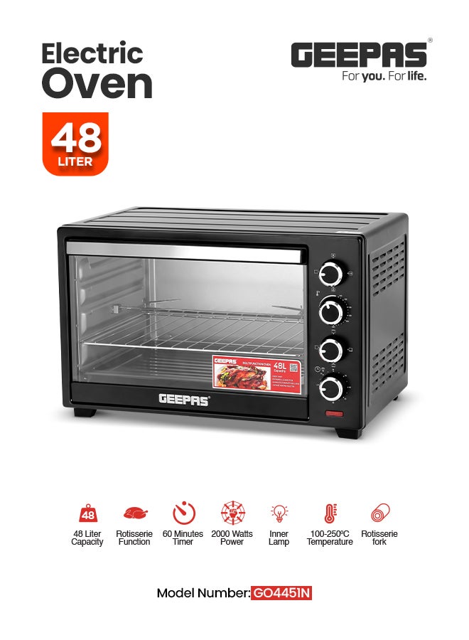 GEEPAS 48L Electric OTG Convection Rotisserie Oven - 2000W, Countertop Toaster Grill for Baking, Roasting, Grilling | 100-250°C, 60-Min Timer | Tempered Glass, GO4451N Black 48 L 2000 W GO4451N Black - Image 1
