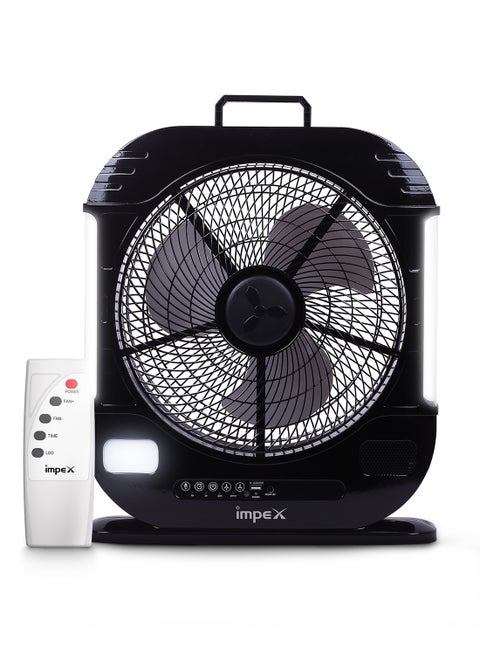 12 inch 3 Blade Rechargeable Fan LED Light with Remote Control, 1820 RPM, 7000mAh Lead-Acid Battery, 600 Lumen, USB Mobile Charger, Solar Charging, Overcharge Protection Breeze D7 Black