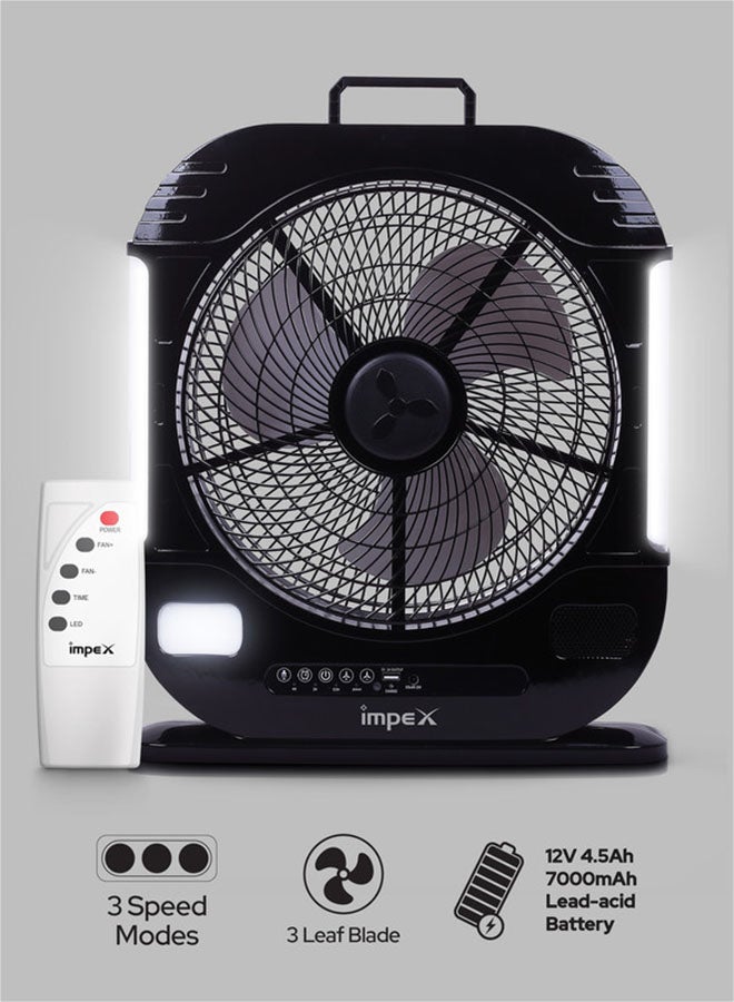Impex 12 inch 3 Blade Rechargeable Fan LED Light with Remote Control, 1820 RPM, 7000mAh Lead-Acid Battery, 600 Lumen, USB Mobile Charger, Solar Charging, Overcharge Protection Breeze D7 Black - Image 1