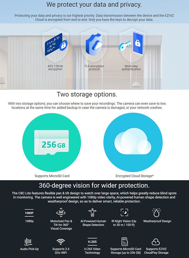 EZVIZ - 1080P Full Hd Wifi Security Camera Outdoor Pan Tilt Zoom 360° Visual Coverage Color Night Vision Ip65 Waterproof Motion Detection Xiaomi Memory Card 256GB A2/4K - Image 1