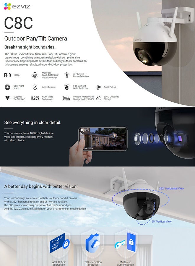 EZVIZ - 1080P Full Hd Wifi Security Camera Outdoor Pan Tilt Zoom 360° Visual Coverage Color Night Vision Ip65 Waterproof Motion Detection Xiaomi Memory Card 256GB A2/4K - Image 1