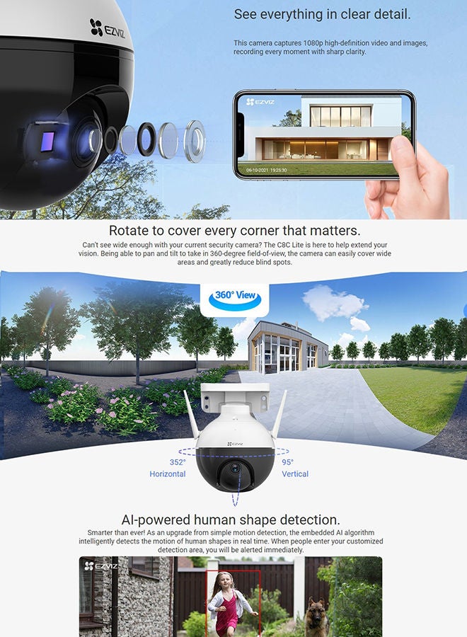 EZVIZ - 1080P Full Hd Wifi Security Camera Outdoor Pan Tilt Zoom 360° Visual Coverage Color Night Vision Ip65 Waterproof Motion Detection Xiaomi Memory Card 256GB A2/4K - Image 1