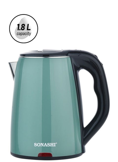 1.8 L Cordless Kettle with Auto Shut OFF Function | Stainless Steel Kettle with 360-Degree Swivel Base and Power On/Off Indicator Light | Instant Water Heater And Tea Maker 1.8 L 1500 W SKT-1811N Green