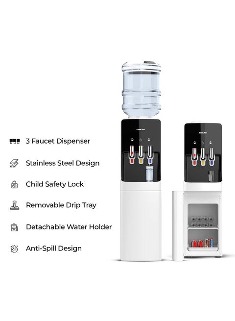 Top Loading Water Dispenser With 3 Tap Design Hot, Cool, Normal Water, With Cabinet, Compressor Cooling, 16L Cabinet, Stainless Steel Tank, Low Noise, Anti-Bacterial Design, Anti-Spill NWD1400C White