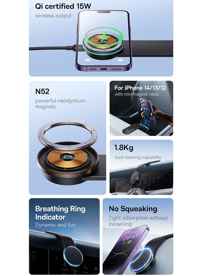 بيسوس حامل سيارة Magnitec لاسلكي ممتاز بقدرة 15 وات، حامل سيارة MagSafe، حامل لوحة أجهزة القياس متوافق مع iPhone 15/15Pro Max، 14/14 Pro Max، ذاكرة تسلا القابلة للانحناء من سبائك التيتانيوم لجميع لوحة القيادة/وحدة التحكم المركزية - Image 2