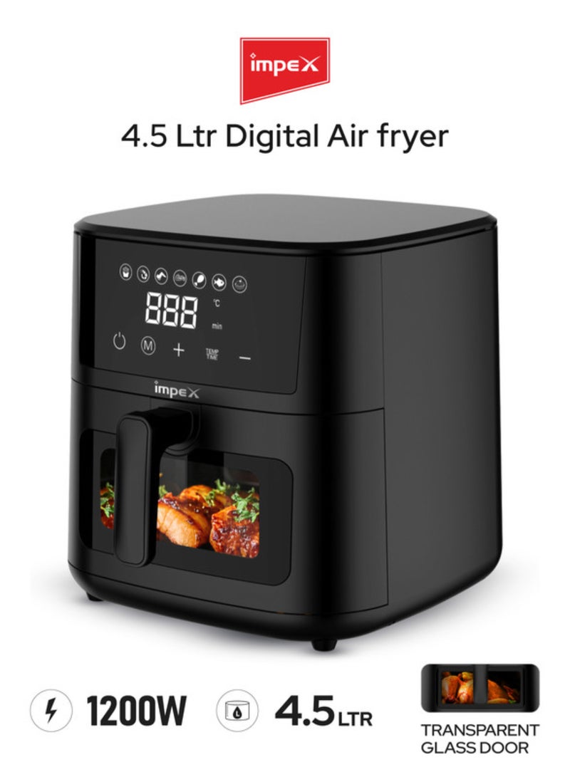 Impex 4.5L Digital Air Fryer | 1200W Oil-Free Air Fryer with Transparent Glass Door | 7 Preset Menus, Non-Stick Basket, Cyclonic Airflow, Smart Touch Control, Overheat Protection, Adjustable Temperature | Large Capacity | AF4307 4.5 L 1200 W AF 4307 Black - Image 1
