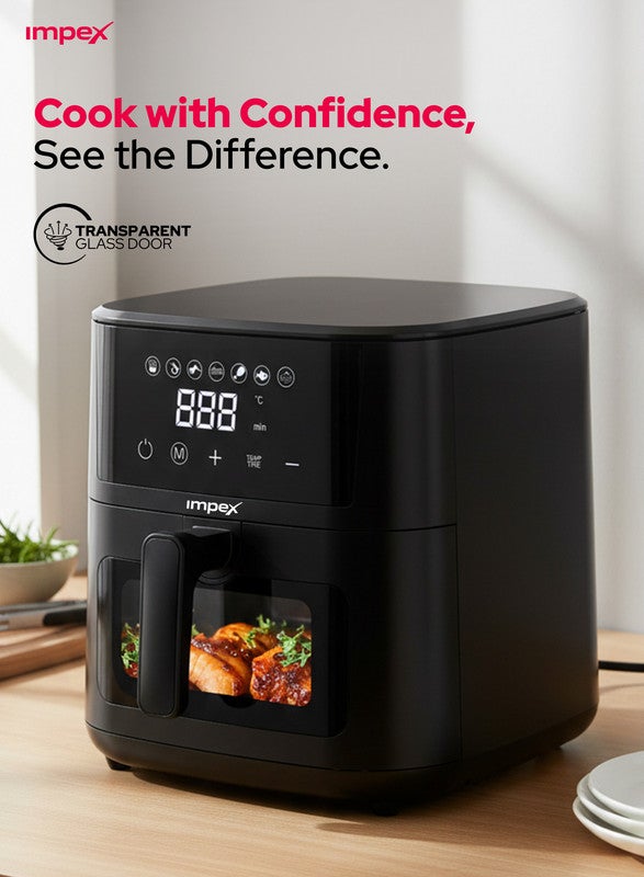 Impex 4.5L Digital Air Fryer | 1200W Oil-Free Air Fryer with Transparent Glass Door | 7 Preset Menus, Non-Stick Basket, Cyclonic Airflow, Smart Touch Control, Overheat Protection, Adjustable Temperature | Large Capacity | AF4307 4.5 L 1200 W AF 4307 Black - Image 1