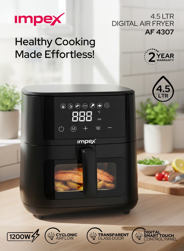 Impex 4.5L Digital Air Fryer | 1200W Oil-Free Air Fryer with Transparent Glass Door | 7 Preset Menus, Non-Stick Basket, Cyclonic Airflow, Smart Touch Control, Overheat Protection, Adjustable Temperature | Large Capacity | AF4307 4.5 L 1200 W AF 4307 Black - Image 2