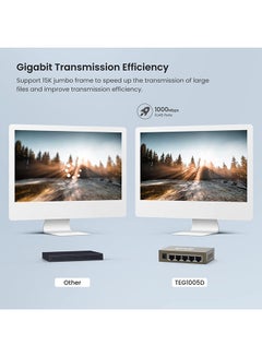Tenda TEG1005D, 5-Port Gigabit Ethernet Switch, Unmanaged Ethernet Splitter, Network Switch Hub, Traffic Optimization, Plug & Play, Fan-less Metal Design, Limited Lifetime Protection Grey  - Image 3
