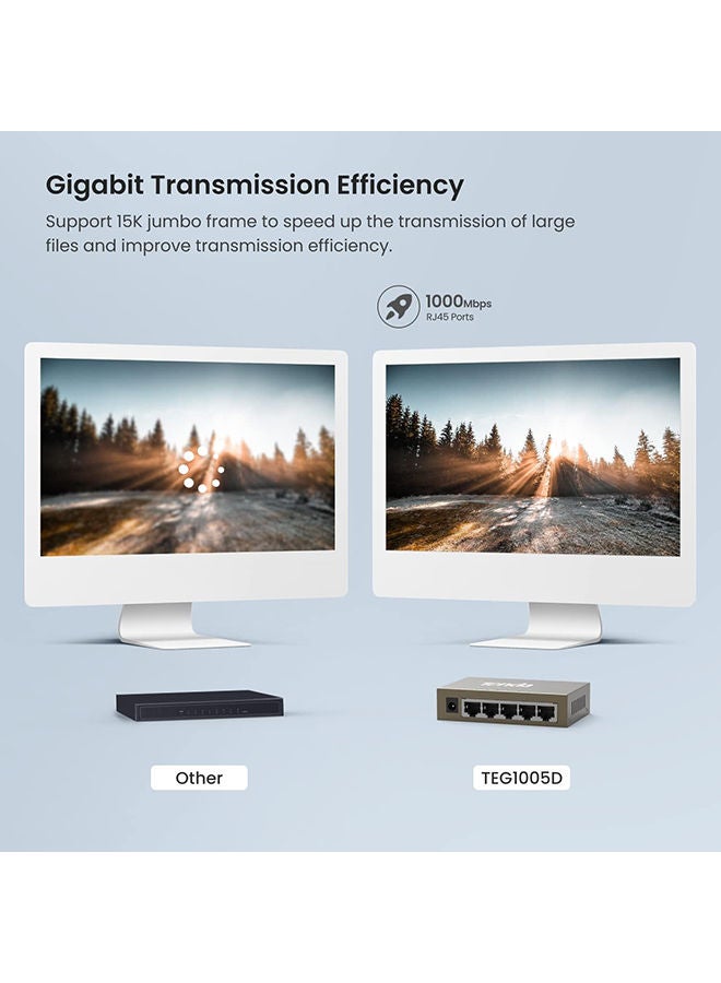 Tenda - TEG1005D, 5-Port Gigabit Ethernet Switch, Unmanaged Ethernet Splitter, Network Switch Hub, Traffic Optimization, Plug & Play, Fan-less Metal Design, Limited Lifetime Protection Grey - Image 1