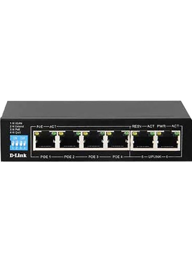 دي لينك محول DGS-F1006P-E 250M 6 منافذ 10/100/1000Mbps مع 4 منافذ PoE (802.3AF و802.3AT) ومنفذين Uplink، وميزانية 60 وات PoE | DGS-F1006P-E